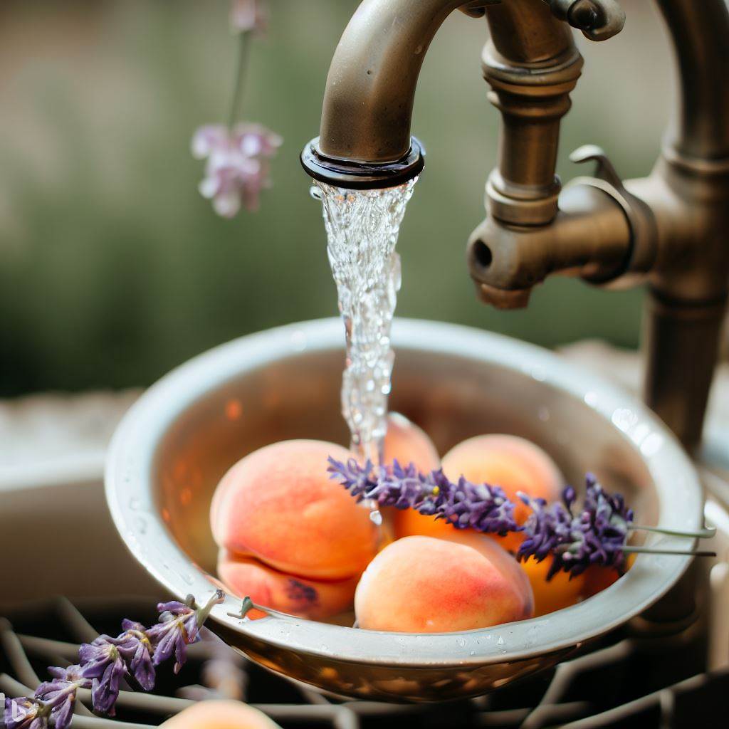 a bucket with peaches and lavender flower under  water flow