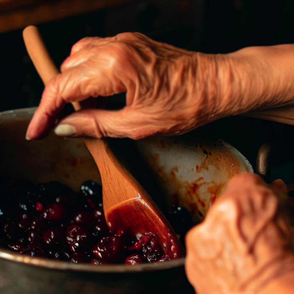 "Close-up image of a woman's hands expertly stirring a pot of bubbling cherry jam on the stove. The hands are gracefully maneuvering a wooden spoon through the rich mixture, capturing the essence of homemade culinary craftsmanship."