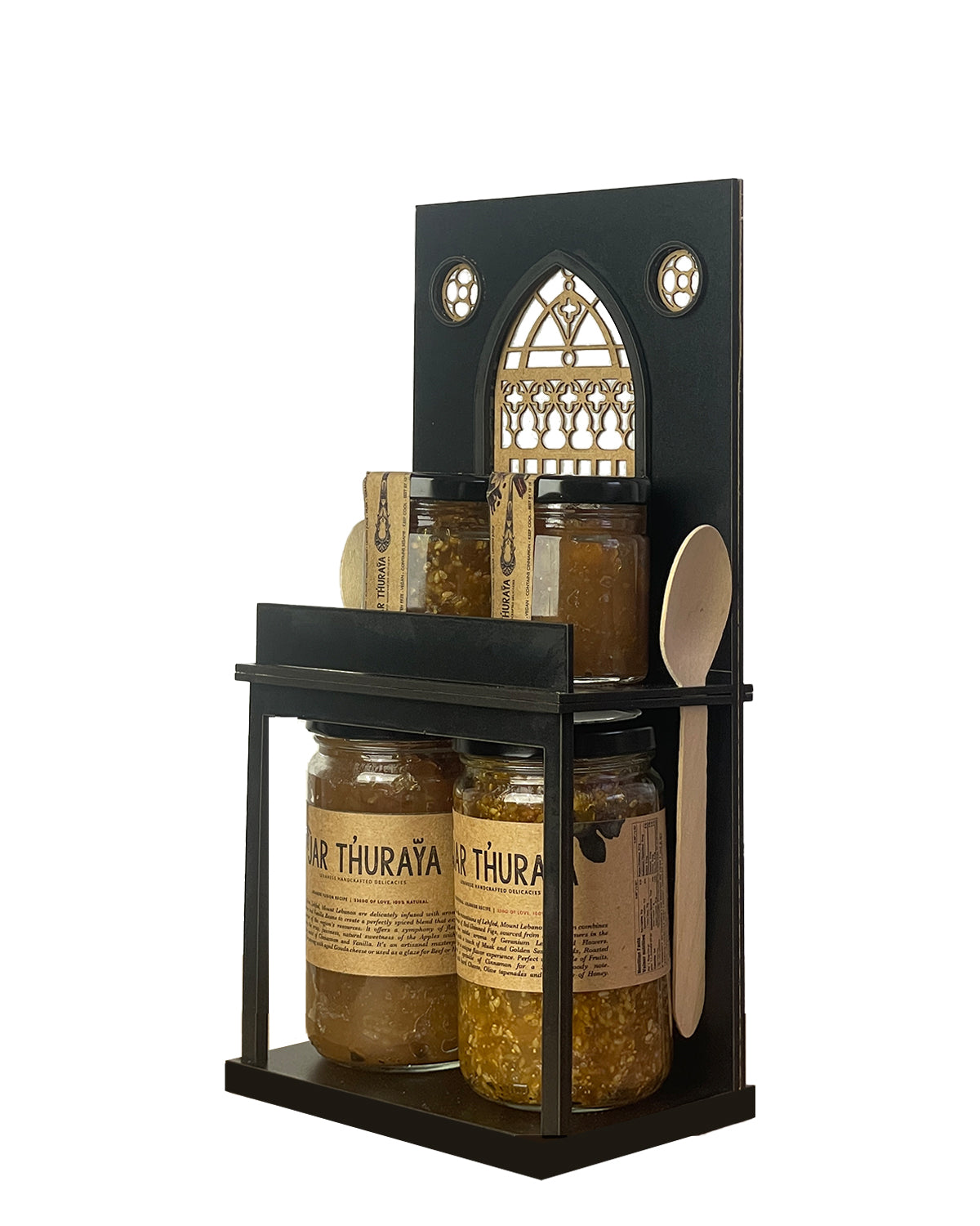 a kitchen rack for jars made with wood and representing lebanese heritage. its a DIY rack made in lebanon