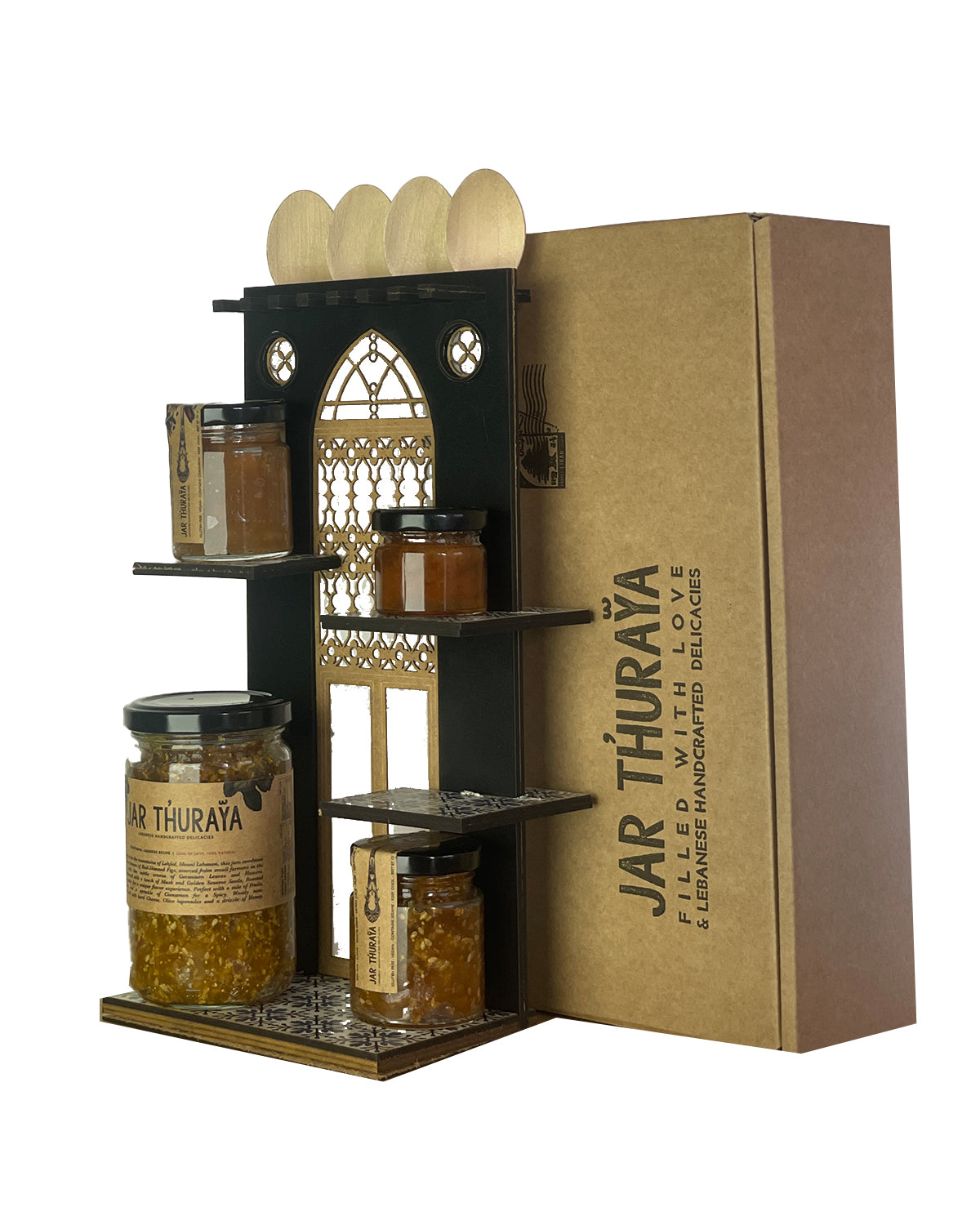 a kitchen rack for jars made with wood and representing lebanese heritage. its a DIY rack made in lebanon in a gift box