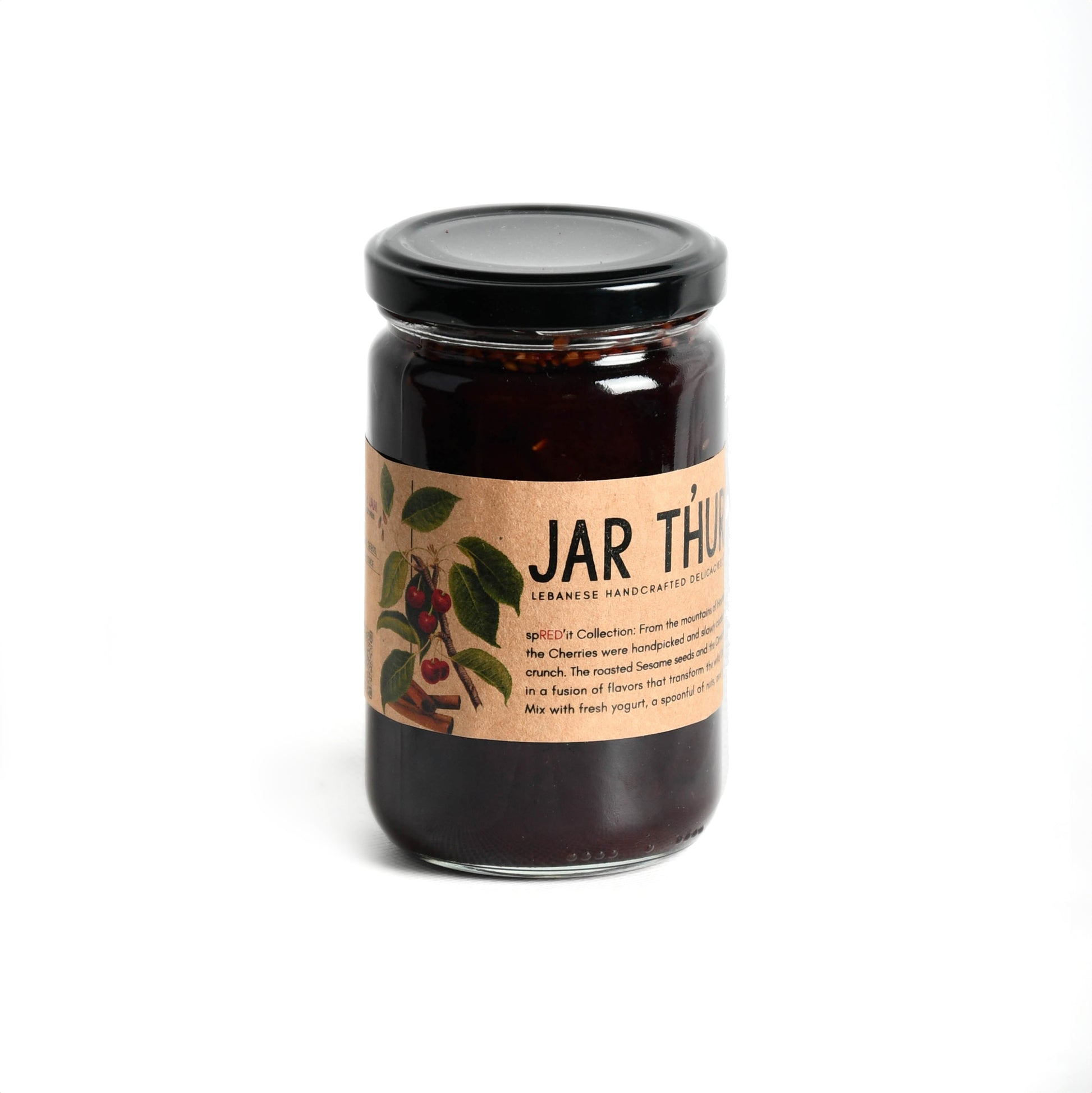 An elegant glass jar filled with a delightful blend of cherries, cinnamon, and sesame. The deep red cherries are interspersed with aromatic cinnamon sticks, and a sprinkling of sesame seeds adds a touch of uniqueness to this flavorful combination."