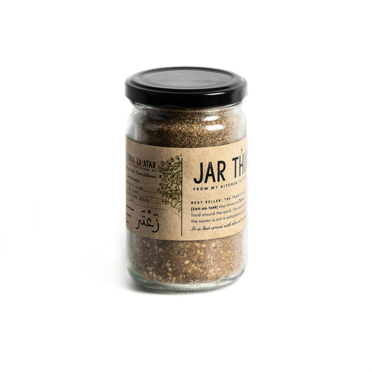 a glass jar of zaatar mix 