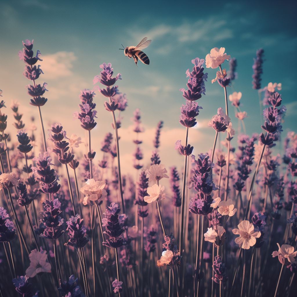 a field of lavender flowers with a bee flying 